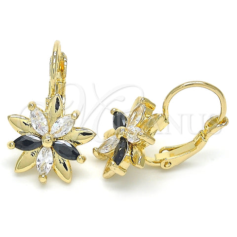 Arete Gancho Frances 02.210.0228.3 Oro Laminado, Diseño de Flor, con Negro and Blanca Zirconia Cubica, Pulido, Tono Dorado