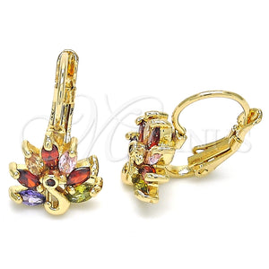 Arete Gancho Frances 02.210.0229.1 Oro Laminado, Diseño de Pavo Real, con Multicolor Zirconia Cubica, Pulido, Tono Dorado