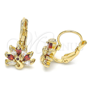 Arete Gancho Frances 02.210.0229.2 Oro Laminado, Diseño de Pavo Real, con Granate and Blanca Zirconia Cubica, Pulido, Tono Dorado