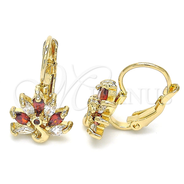 Arete Gancho Frances 02.210.0229.2 Oro Laminado, Diseño de Pavo Real, con Granate and Blanca Zirconia Cubica, Pulido, Tono Dorado