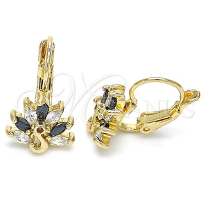 Arete Gancho Frances 02.210.0229.3 Oro Laminado, Diseño de Pavo Real, con Negro and Blanca Zirconia Cubica, Pulido, Tono Dorado