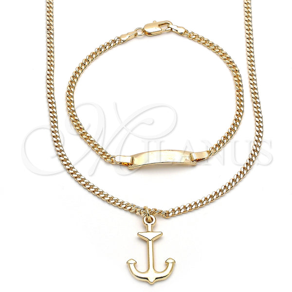 Juego de Arete y Dije de Nino 06.63.0230 Oro Laminado, Diseño de Ancla y Miami Cubana, Pulido, Tono Dorado