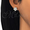 Arete Dormilona 02.210.0239 Oro Laminado, Diseño de Flor, con Blanca Zirconia Cubica, Pulido, Dos Tonos
