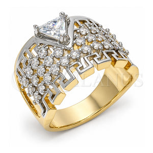 Anillo Multi Piedra 01.210.0072.08 Oro Laminado, Diseño de Llave Griega, con Zirconia Cubica Blanca, Pulido, Dos Tonos (Tamaño 8)
