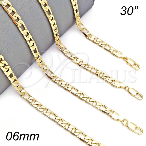 Gargantilla Basica 04.213.0140.30 Oro Laminado, Diseño de Figaro, Pulido, Tono Dorado (140 Gauge, 06 MM Thickness, 30 Inches Length)
