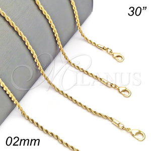 Gargantilla Basica 04.213.0136.30 Oro Laminado, Diseño de Rope, Pulido, Tono Dorado (02 MM Thickness, 30 Inches Length)
