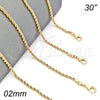 Gargantilla Basica 04.213.0136.30 Oro Laminado, Diseño de Rope, Pulido, Tono Dorado (02 MM Thickness, 30 Inches Length)