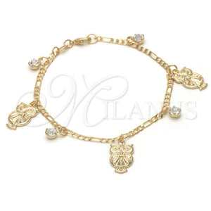 Pulsera de Dije 03.32.0140.07 Oro Laminado, Diseño de Búho y Figaro, con Blanca Cristal, Pulido, Tono Dorado (7 Inches Length)