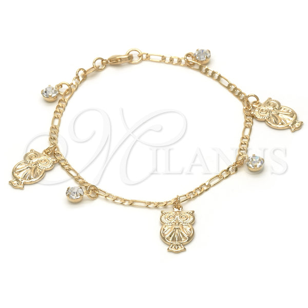 Pulsera de Dije 03.32.0140.07 Oro Laminado, Diseño de Búho y Figaro, con Blanca Cristal, Pulido, Tono Dorado (7 Inches Length)