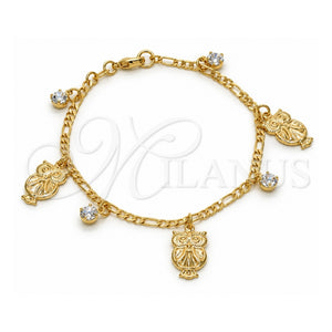 Pulsera de Dije 03.32.0140.07 Oro Laminado, Diseño de Búho y Figaro, con Cristal Blanca, Pulido, Tono Dorado (7 Pulgadas de Largo)