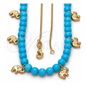 Collares con Dije 04.32.0008.2.18 Oro Laminado, Diseño de Elefante y Cola de Raton, Resinado Azul, Tono Dorado (18 Pulgadas de Largo)
