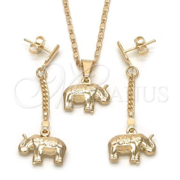 Juego de Arete y Dije de Adulto 10.32.0015.3.18 Oro Laminado, Diseño de Elefante y Mariner, Pulido, Tono Dorado