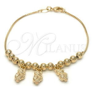 Pulsera de Dije 03.32.0129.07 Oro Laminado, Diseño de Búho y Bola, Pulido, Tono Dorado (7 Inches Length)