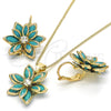 Juego de Arete y Dije de Adulto 10.64.0157 Oro Laminado, Diseño de Flor, con Turquoise and Blanca Cristal, Pulido, Tono Dorado
