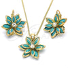 Juego de Arete y Dije de Adulto 10.64.0157 Oro Laminado, Diseño de Flor, con Turquoise and Blanca Cristal, Pulido, Tono Dorado