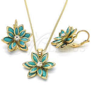 Juego de Arete y Dije de Adulto 10.64.0157 Oro Laminado, Diseño de Flor, con Turquoise and Blanca Cristal, Pulido, Tono Dorado