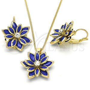 Juego de Arete y Dije de Adulto 10.64.0157.1 Oro Laminado, Diseño de Flor, con Zafiro Azul and Blanca Cristal, Pulido, Tono Dorado