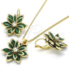 Juego de Arete y Dije de Adulto 10.64.0157.3 Oro Laminado, Diseño de Flor, con Verde and Blanca Zirconia Cubica, Pulido, Tono Dorado