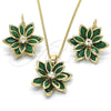 Juego de Arete y Dije de Adulto 10.64.0157.3 Oro Laminado, Diseño de Flor, con Verde and Blanca Zirconia Cubica, Pulido, Tono Dorado
