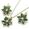 Juego de Arete y Dije de Adulto 10.64.0157.3 Oro Laminado, Diseño de Flor, con Verde and Blanca Zirconia Cubica, Pulido, Tono Dorado