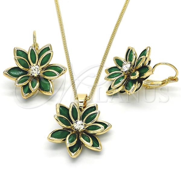 Juego de Arete y Dije de Adulto 10.64.0157.3 Oro Laminado, Diseño de Flor, con Verde and Blanca Zirconia Cubica, Pulido, Tono Dorado