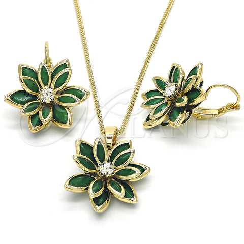 Juego de Arete y Dije de Adulto 10.64.0157.3 Oro Laminado, Diseño de Flor, con Verde and Blanca Zirconia Cubica, Pulido, Tono Dorado
