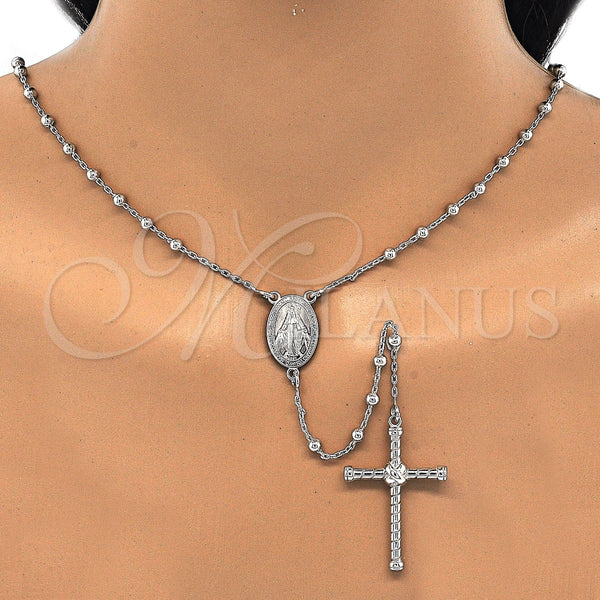 Rosario Fino 09.285.0001.28 Plata Rodinada, Diseño de Virgen Maria y Cruz, Pulido, Rodinado