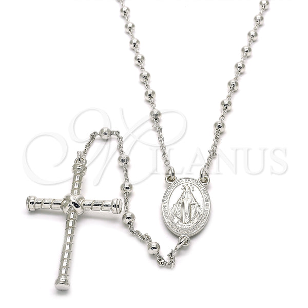 Rosario Fino 09.285.0001.28 Plata Rodinada, Diseño de Virgen Maria y Cruz, Pulido, Rodinado