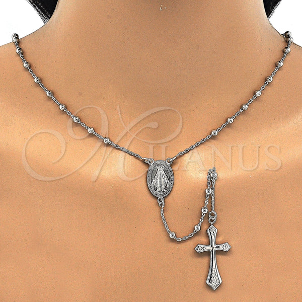 Rosario Fino 09.285.0002.28 Plata Rodinada, Diseño de Virgen Maria y Cruz, Pulido, Rodinado
