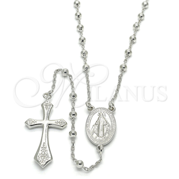 Rosario Fino 09.285.0002.28 Plata Rodinada, Diseño de Virgen Maria y Cruz, Pulido, Rodinado