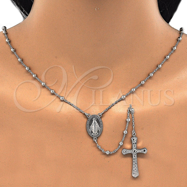 Rosario Fino 09.285.0003.28 Plata Rodinada, Diseño de Virgen Maria y Cruz, Pulido, Rodinado