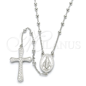 Rosario Fino 09.285.0003.28 Plata Rodinada, Diseño de Virgen Maria y Cruz, Pulido, Rodinado