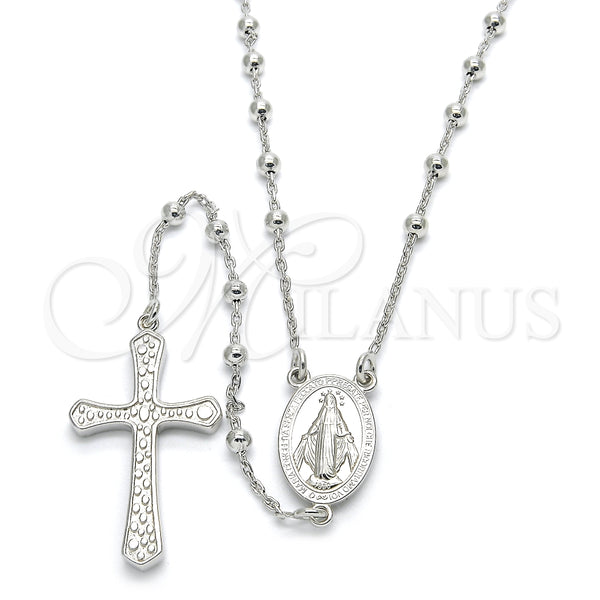 Rosario Fino 09.285.0003.28 Plata Rodinada, Diseño de Virgen Maria y Cruz, Pulido, Rodinado