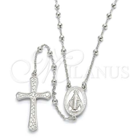 Rosario Fino 09.285.0003.28 Plata Rodinada, Diseño de Virgen Maria y Cruz, Pulido, Rodinado