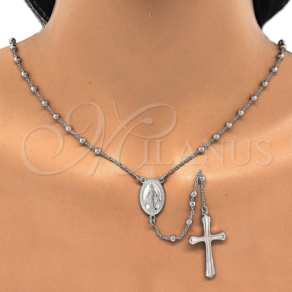 Rosario Fino 09.285.0004.28 Plata Rodinada, Diseño de Virgen Maria y Cruz, Pulido, Rodinado