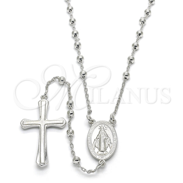 Rosario Fino 09.285.0004.28 Plata Rodinada, Diseño de Virgen Maria y Cruz, Pulido, Rodinado