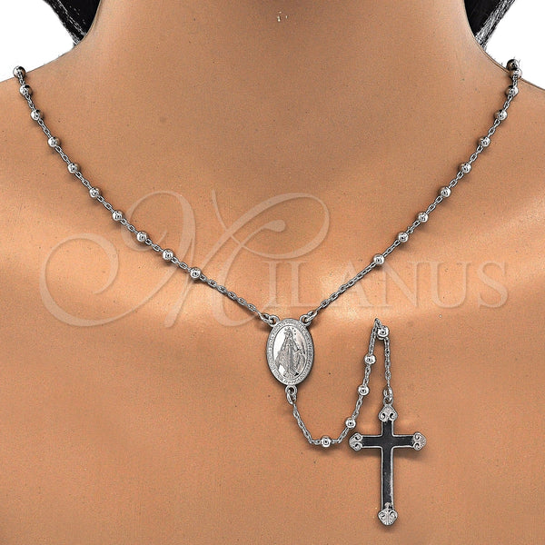 Rosario Fino 09.285.0005.28 Plata Rodinada, Diseño de Virgen Maria y Cruz, Pulido, Rodinado