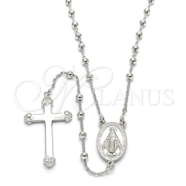 Rosario Fino 09.285.0005.28 Plata Rodinada, Diseño de Virgen Maria y Cruz, Pulido, Rodinado