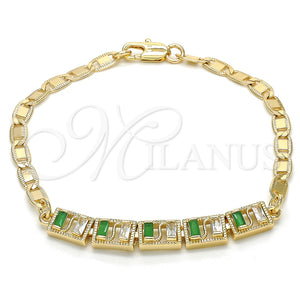 Pulsera Elegante 03.63.1995.3.08 Oro Laminado, Diseño de Baguette, con Verde and Blanca Zirconia Cubica, Pulido, Tono Dorado (04 MM Thickness, 8 Inches Length)