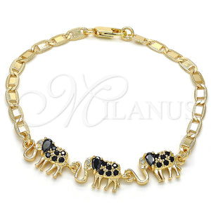 Pulsera Elegante 03.63.1990.2.08 Oro Laminado, Diseño de Elefante, con Negro and Blanca Zirconia Cubica, Pulido, Tono Dorado (04 MM Thickness, 8 Inches Length)