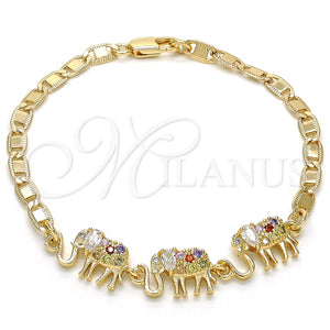 Pulsera Elegante 03.63.1990.3.08 Oro Laminado, Diseño de Elefante, con Multicolor Zirconia Cubica, Pulido, Tono Dorado (04 MM Thickness, 8 Inches Length)