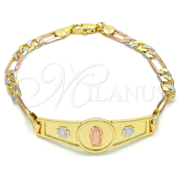 Pulsera Elegante 03.253.0024.08 Oro Laminado, Diseño de Guadalupe y Flor, Pulido, Tres Tonos (05 MM Thickness, 8 Inches Length)