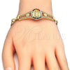 Pulsera Elegante 03.253.0025.08 Oro Laminado, Diseño de Guadalupe y Flor, con Multicolor Cristal, Pulido, Tono Dorado (05 MM Thickness, 8 Inches Length)