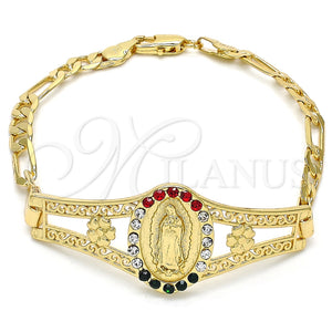 Pulsera Elegante 03.253.0025.08 Oro Laminado, Diseño de Guadalupe y Flor, con Multicolor Cristal, Pulido, Tono Dorado (05 MM Thickness, 8 Inches Length)