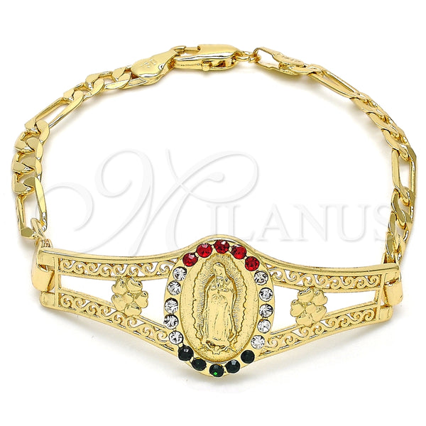 Pulsera Elegante 03.253.0025.08 Oro Laminado, Diseño de Guadalupe y Flor, con Multicolor Cristal, Pulido, Tono Dorado (05 MM Thickness, 8 Inches Length)