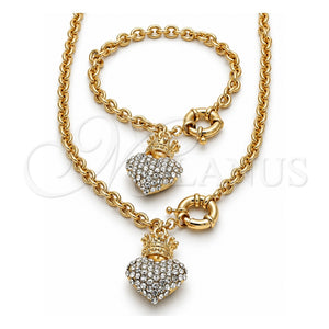 Collar y Pulsera 06.63.0251 Oro Laminado, Diseño de Corazón y Corona, con Cristal Blanca, Pulido, Tono Dorado
