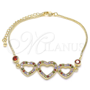 Pulsera Elegante 03.221.0058.1.08 Oro Laminado, Diseño de Corazón, con Multicolor Zirconia Cubica, Pulido, Tono Dorado (01 MM Thickness, 8 Inches Length)