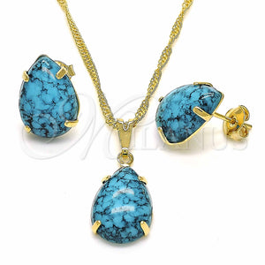 Juego de Arete y Dije de Adulto 10.09.0039.3.18 Oro Laminado, Diseño de Gota, con Turquoise Zirconia Cubica, Pulido, Tono Dorado