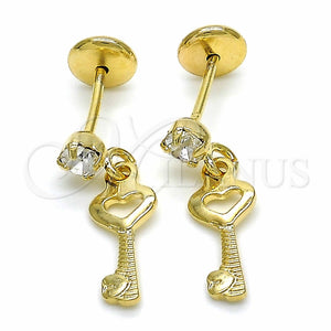 Arete Dormilona 02.09.0165 Oro Laminado, Diseño de Llave, con Blanca Zirconia Cubica, Pulido, Tono Dorado