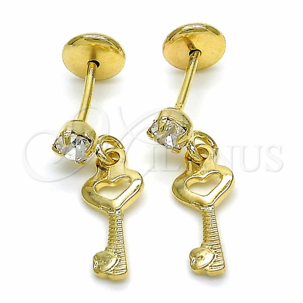 Arete Dormilona 02.09.0165 Oro Laminado, Diseño de Llave, con Blanca Zirconia Cubica, Pulido, Tono Dorado